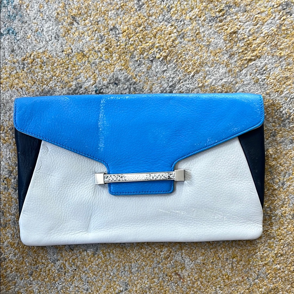 Vince Camuto Blue and White Geometric Clutch